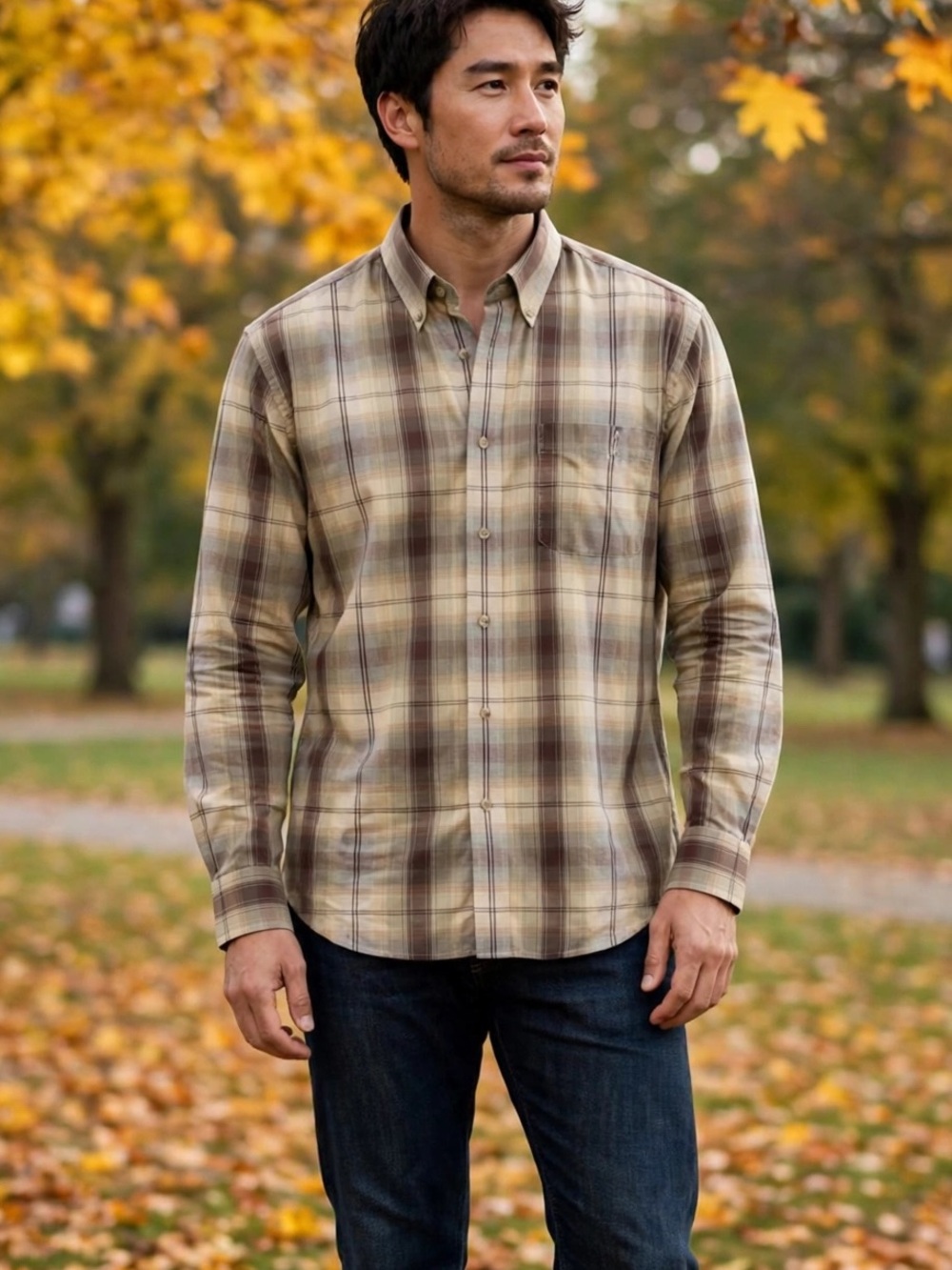 Van Heusen Shirt Mens M Brown Cream Plaid Button Down Long Sleeve Casual